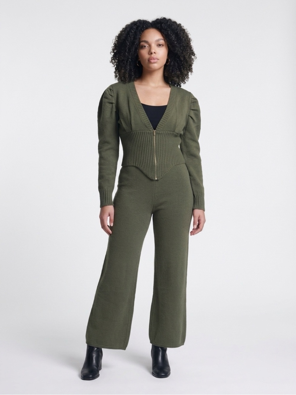 Olive Ribbed Knit two piece set.